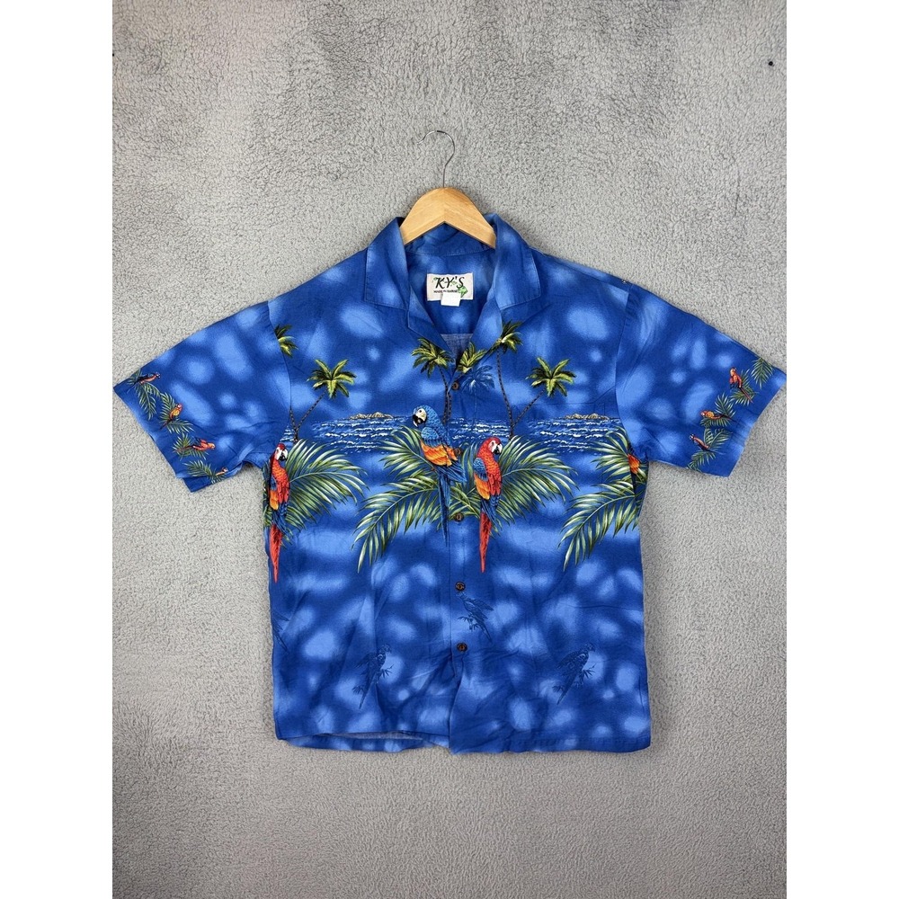 VTG Ky's Hawaii Parrot Scenic Border Print Hawaiian Shirt Blue USA Short Sleeve